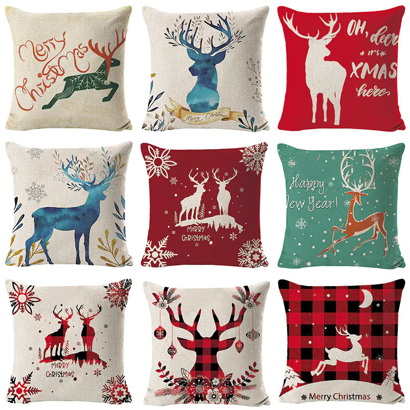 Christmas Elk Linen Pillow Cover | Festive Home Decor