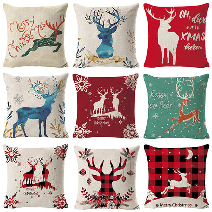 Christmas Elk Linen Pillow Cover | Festive Home Decor