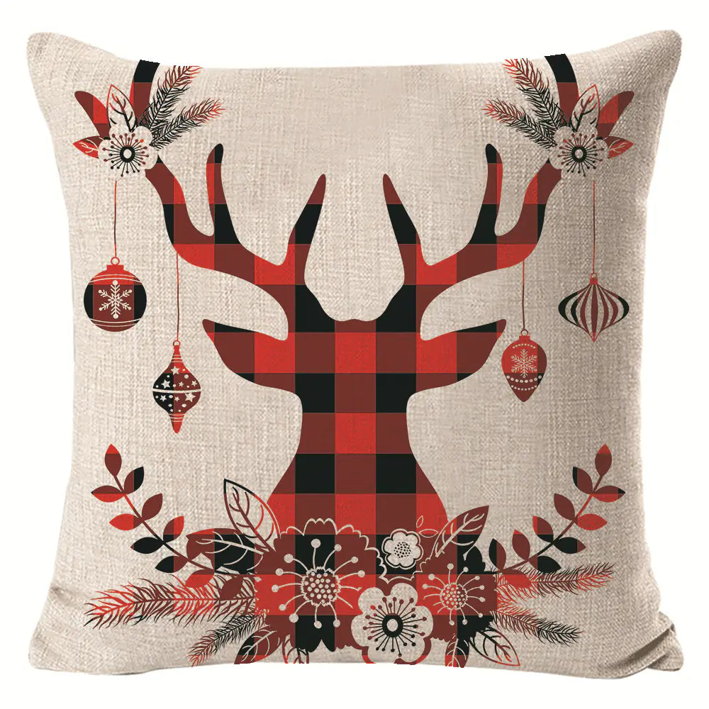 Christmas Elk Linen Pillow Cover | Festive Home Decor