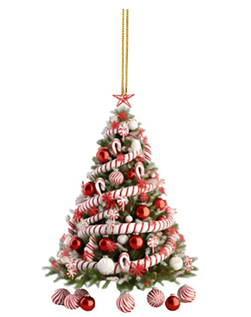 Christmas tree pendant ornament featuring a festive design with red and white decorations, perfect for holiday décor.